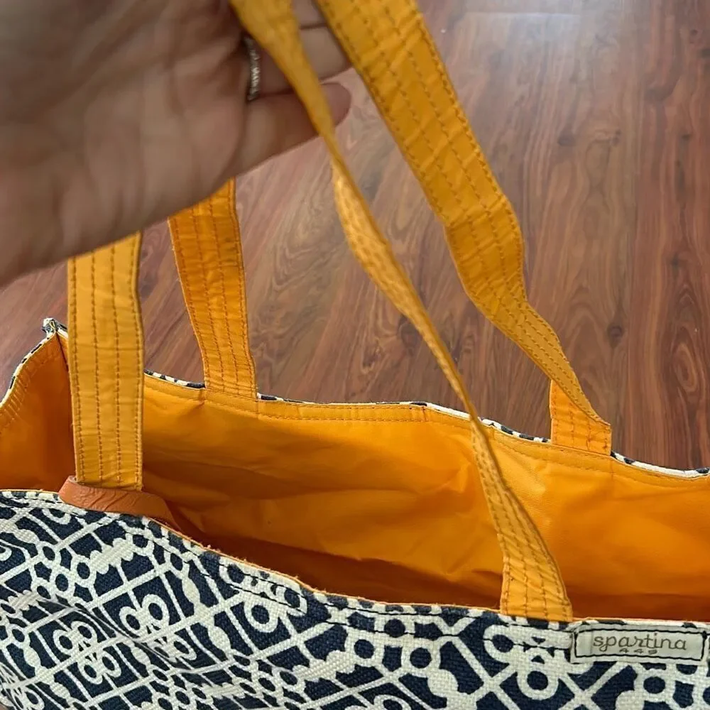 Spartina 449  Large blue and yellow gold tote with matching velvet pouch